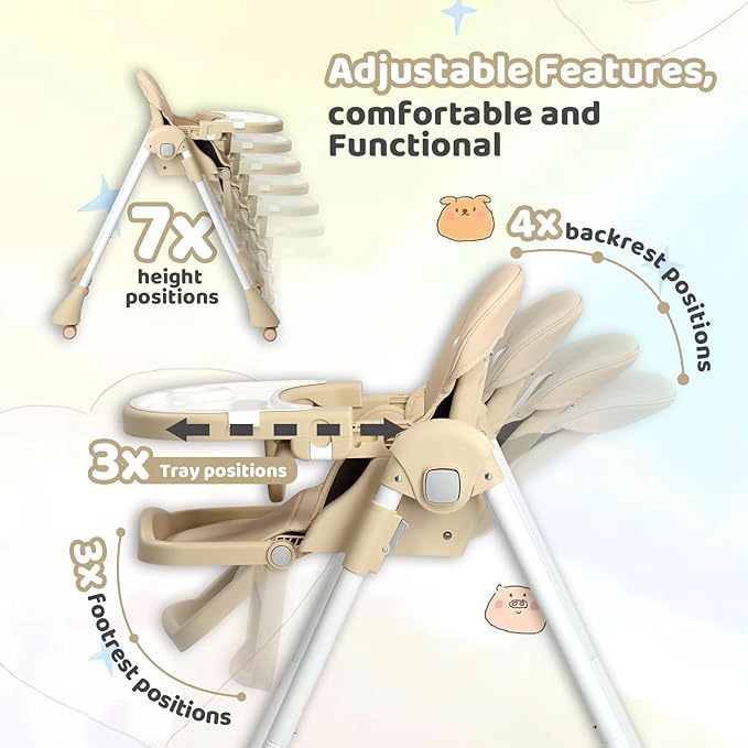 JOYMOR 4 in 1 Folding Baby High Chair for Babies to Toddlers, Infant Eating Foldable Highchair w/Leather Seat Cushion, 4-Position Removeable & Adjustable Tray, 5-Point Harness (Beige)