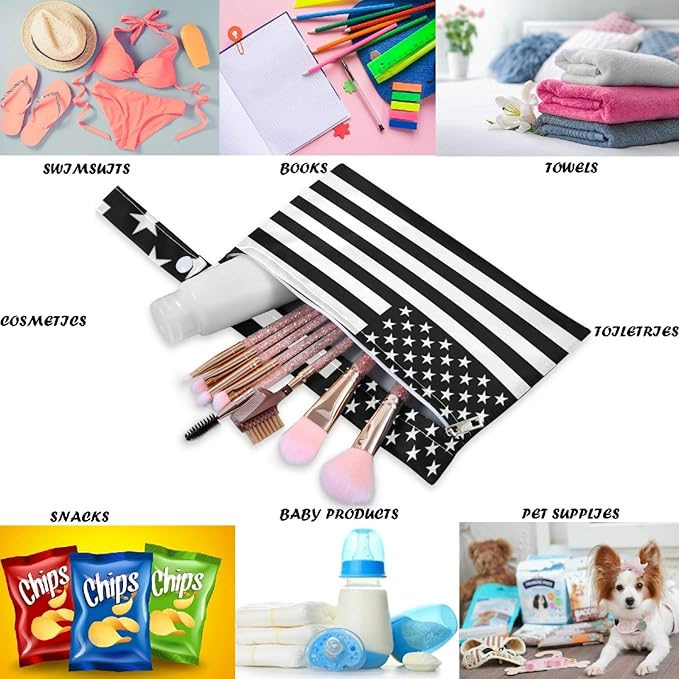 visesunny Black White American Flag 2Pcs Wet Bag with Zippered Pockets Washable Reusable Roomy for Travel,Beach,Pool,Daycare,Stroller,Diapers,Dirty Gym Clothes, Wet Swimsuits, Toiletries