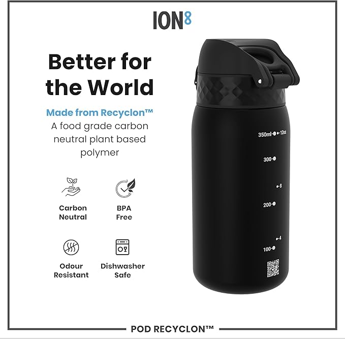 Ion8 Small Water Bottle, 350 ml/12 oz, Leak Proof, Easy to Open, Secure Lock, Dishwasher Safe, BPA Free, Carry Handle, Hygienic Flip Cover, Easy Clean, Odor Free, Carbon Neutral, Black