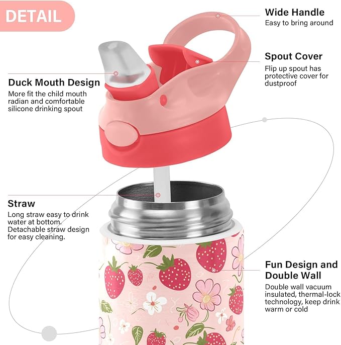 Strawberry Flowers Cute Girls Water Bottle with Straw and Carry Handle Pink Vacuum Insulated Stainless Steel Bottles Leak-Proof for Kids Boys Toddler 12 oz Pink Lid