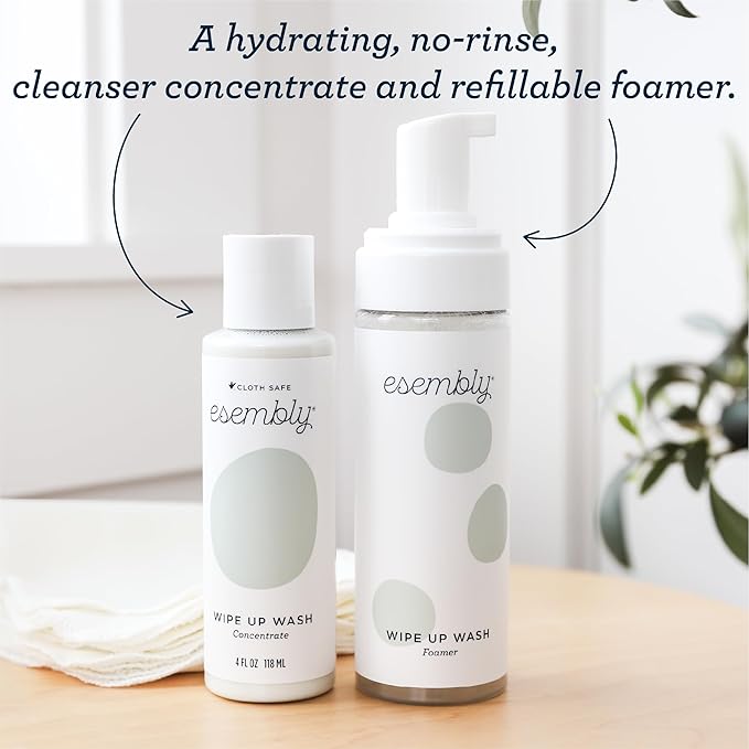 Esembly Wipe Up Wash Bundle, Organic No-Rinse Foaming Solution for Reusable Baby Cloth - Fragrance Free - Includes Refillable Foamer Bottle and 8oz Concentrate