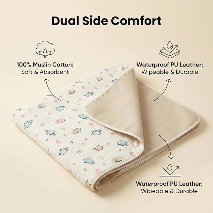 Baby Diaper Changing Pad, 19.7"x25.6" Waterproof Changing Pad Liners with 100% Muslin Cotton Front Top and Leather Back, Soft and Absorbent Portable Changing Mat for Travel, Changing Station