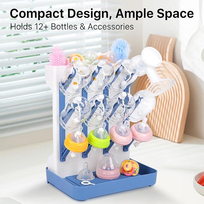 Baby Bottle Drying Rack with Drain Board, Vertical Space Saving Bottle Dryer Holder for Countertop, Large Capacity Organizer Stand for Glass Bottles, Pump Parts, Pacifiers, Cups & Accessories (Blue)