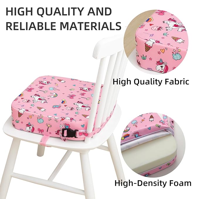 Eiury Toddler Booster Seat for Dining Table, Portable Kids Booster Seat with Safety Buckles Portable Increasing Booster Cushion with Non-Slip Bottom (Pink Unicorn)