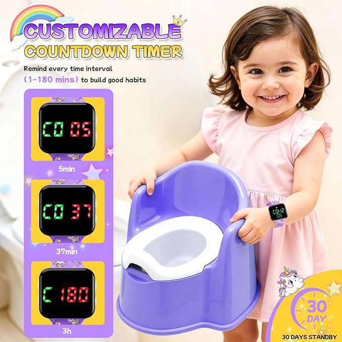 Toddler Potty Training Watch: Music & Light Reminders Water Resistant Potty Watches for Kids Adjustable Volume Countdown Timer Rechargeable Unicorn Digital Toddler Watch for Girls (Purple)