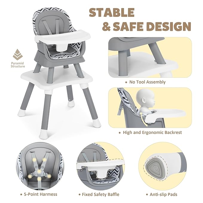 TODEFULL Baby High Chair, 8 in 1 Convertible Highchairs for Babies and Toddlers, Children Dining Booster Seat/Kids Building Block Table for Girls Boys, Baby Seat with Removable Tray, Chevron