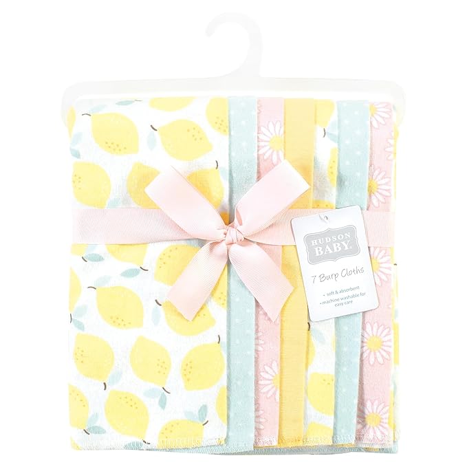 Hudson Baby Unisex Baby Cotton Flannel Burp Cloths, Lemon Daisy 7 Pack, One Size