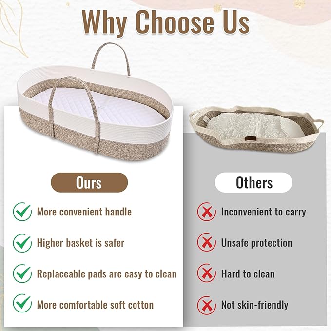Changing Baskets Set,Moses Basket with Pad and Diaper Caddy,Set of 2 Baskets,Portable Cotton Rope Woven Basket,Replaceable Pad,Gifts for Newborn 28.7" x 15.7" x 7.8"（Brown）