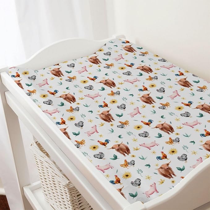 Watercolor Farm Animals Baby Changing Pad Covers Yak Pigs Rooster Hens Boho Sunflowers Leaves Diaper Change Table Pad Cover for Boys Girls Soft Stretch Fitted Changing Mat Sheets 32''x16''