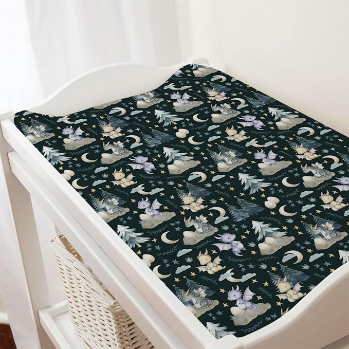 Fairytale Dragons Baby Changing Pad Covers for Boy Girl 32''x16'' Cute Dragons Eggs Moon Stars Trees Fitted Diaper Change Table Pad Sheets Dreamy Animal Soft Breathable Nursery Changing Table Mats