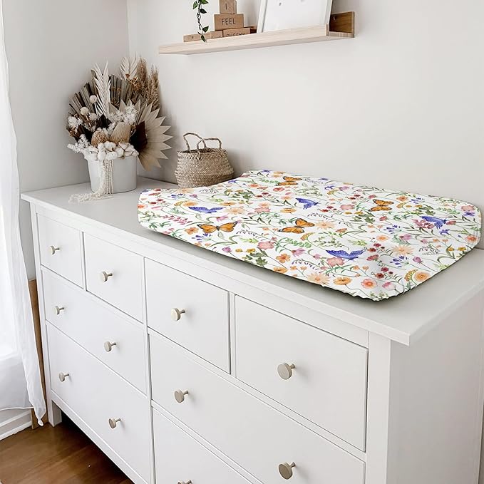 Spring Wildflower Butterflies Changing Pad Cover Watercolor Floral Summer Baby Changing Table Sheets for Baby Boy Girl Retro Botanical Soft Breathable Stretch Changing Table Mats 32''x16''