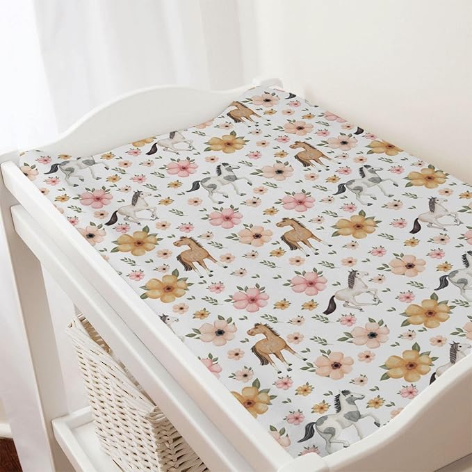 Watercolor Horse Boho Floral Changing Pad Cover Cute Horses Baby Diaper Change Table Pad Cover for Boys Girls Soft Breathable Stretch Snug Fitted Diaper Changing Mat Sheets Covers 32''x16'' White