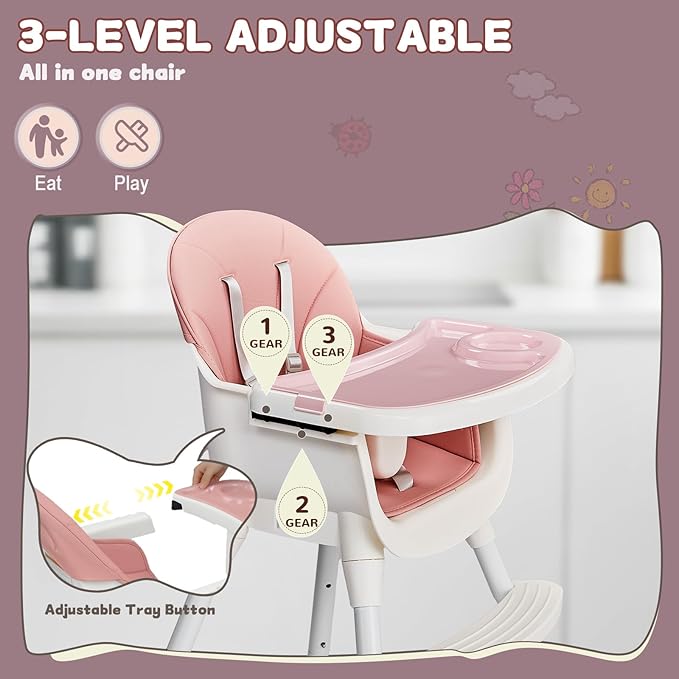Ktaxon 3-in-1 Baby High Chair, Portable Adjustable Height Highchair with Removable Dual-Layer Tray, 5-Point Safety Harness and Footrest for Toddlers & Babies, Pink