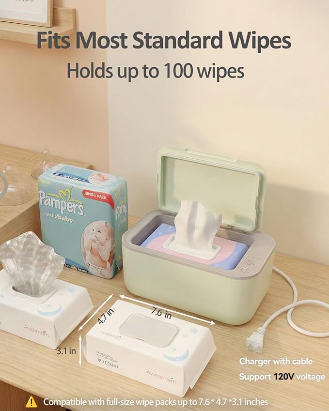 Baby Wipe Warmer, 3-Level Temperature Control, Quiet and Even Heating, Large Capacity for Diaper Changes – Green