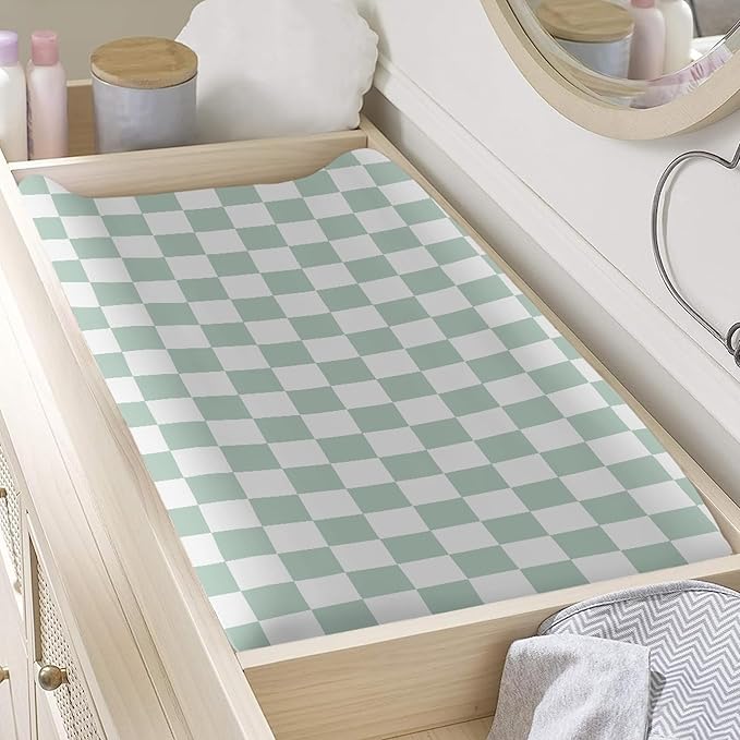 Green Checkered Changing Pad Cover for Baby Girls Boys Cartoon Breathable Diaper Change Table Sheet Soft Stretchy Cute Change Table Mat Cover Fit 32x16