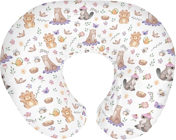 Spring Animals Baby Nursing Pillow Covers for Boy Girl Bear Tiger Bird Bees Floral Nursery Pillowcase for Breastfeeding Pillows Cute Floral Animals Soft Stretchy Slipcovers for Newborn Infant