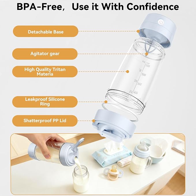 Electric Formula Mixing Pitcher, Portable Baby Formula & Breastmilk Mixer, Automatic Formula Maker with Bidirectional Stirring, Wide Mouth Fridge Storage Container, BPA-Free Tritan Milk Pitcher, Blue