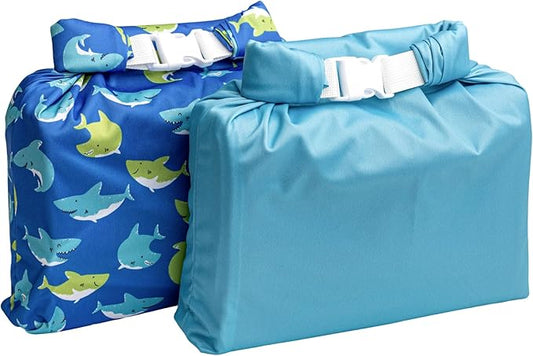 Kinder Set of 2 Water Resistant Wet Bags for Storing Laundry or Cloth Diapers Travel Size Wet Bag Daycare Beach Pool Wet Swimsuit Roll Top for Air Tight Odor Contained Washable Reusable (Sharks)