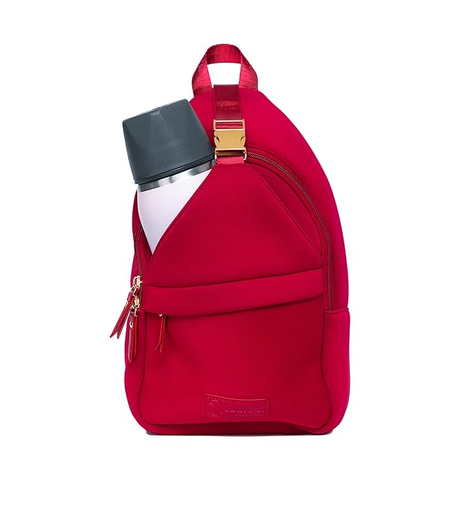 Sarah Wells Allie Sling Pump Bag – Fits All Wearable Cup Pumps & Portable Pumps – Machine Washable Neoprene Crossbody with Insulated Pocket, Water Bottle Holder & Hands-Free Design (Ruby)