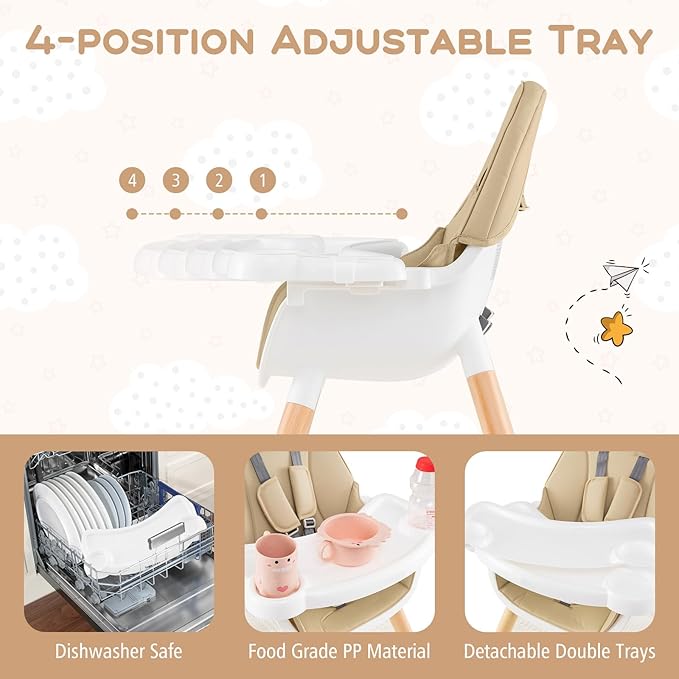HONEY JOY Baby High Chair, 6-in-1 Convertible Wooden Highchair for Babies and Toddlers/Table Set/Toddler Chair with Safety Harness, 4-Position Removable Feeding Tray (Khaki)