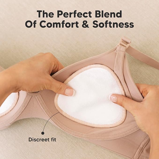 Organic Nursing Pads - 14 Washable Breast Pads for Breastfeeding, Wash Bag, Reusable Nipple Covers for Breastfeeding Essentials, Soft & Absorbent (Neutrals, L 4.8")