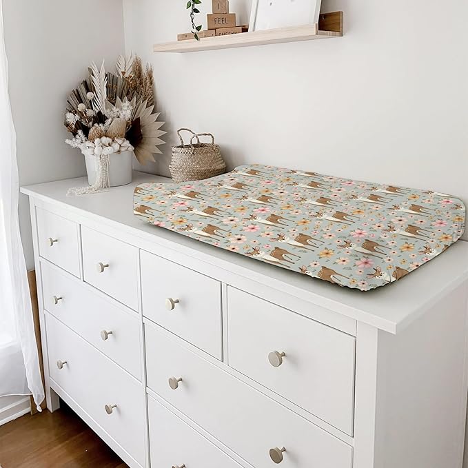Cute Deer Boho Retro Floral Changing Pad Covers Cartoon Deer Diaper Change Table Pad Cover Sheets for Boys Girls Ultra Soft Breathable Stretch Changing Mat Sheets Cover 32''x16''