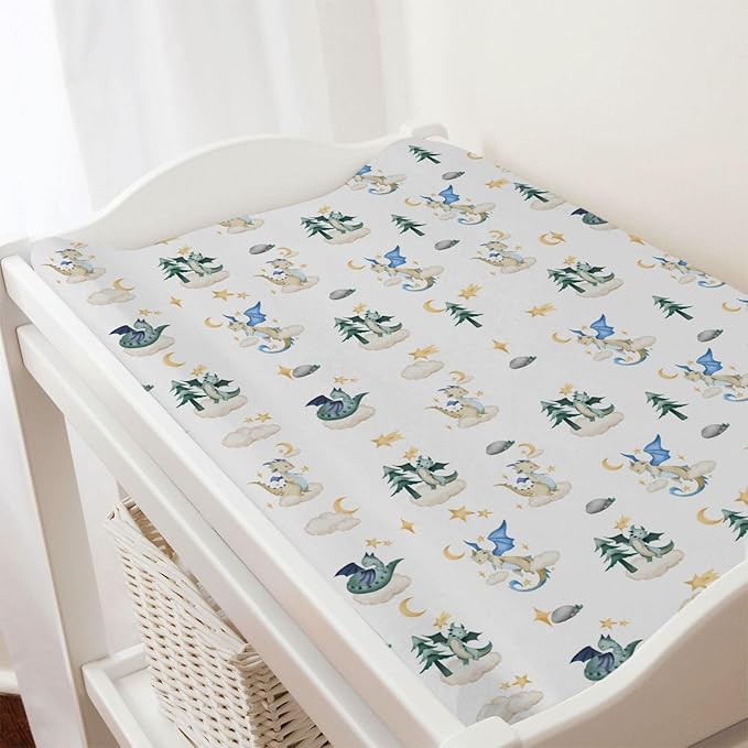 Cartoon Fairy Tale Dragon Moon Stars Clouds Trees Changing Pad Covers Watercolor Dragons Diaper Changing Table Cover Sheets for Boy Girl Soft Stretchy Snug Fitted Baby Changing Pad Mats 32''x16''