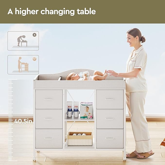 Yetom Changing Table, 6-Drawer Baby Dresser with Changing Table top, Waterproof Diaper Changing Station & Pad, 2 Height-Adjustable Open Storage Shelves, Mobile Nursery Organizer, White
