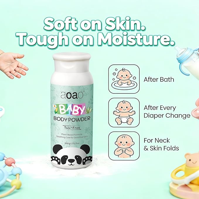 Baby Body Powder, Talc-Free Cornstarch Dusting Powder, Soothing Care for Sensitive Skin, Protect Diaper Area, Help Prevent Diaper Rash with Zinc Oxide, Gentle Formula Absorb Sweat & Anti-Chafe, 3.53oz