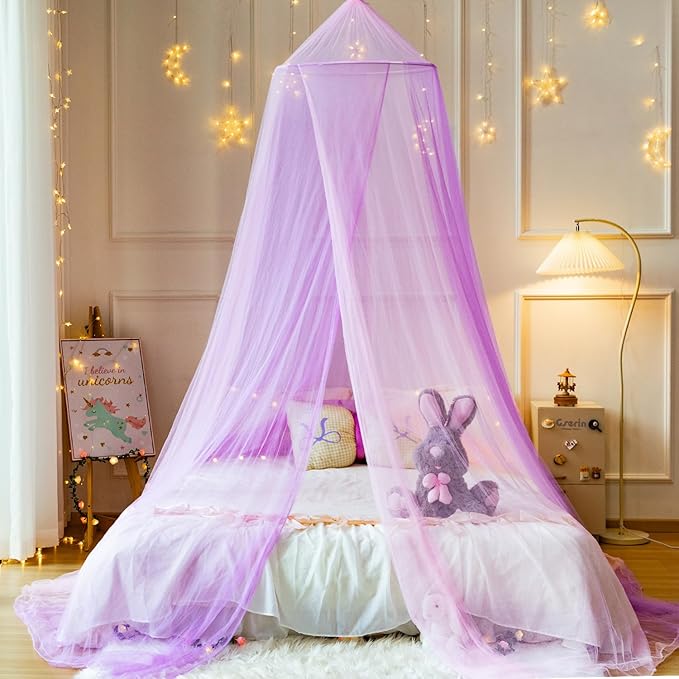 Princess White Blue Bed Canopy for Girls Bed Net,Princess Canopy for Kids Bed Room Decor (Mosquito-Pink Purple)