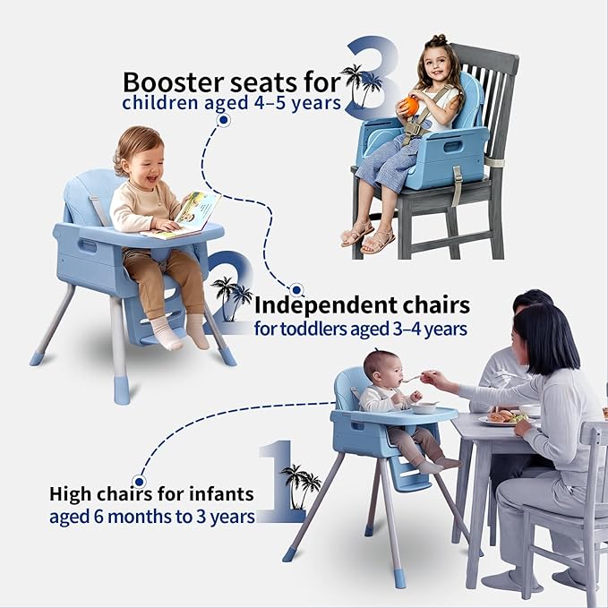 3 in 1 Convertible High Chairs for Toddlers 1-3 Baby Feeding Chair with Tray Wipeable Infant Highchair Sit Up High Chair for Babies and Toddlers with 5-Point Safety Harness & Cushion Blue