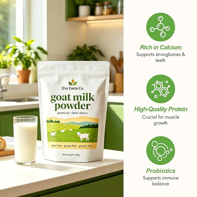 Eve Farm Co Goat Milk Powder - Premium Farm Source, Easy to Digest, Gluten Free, High in Protein, Calcium & Probiotics, Non-GMO, Gluten-Free