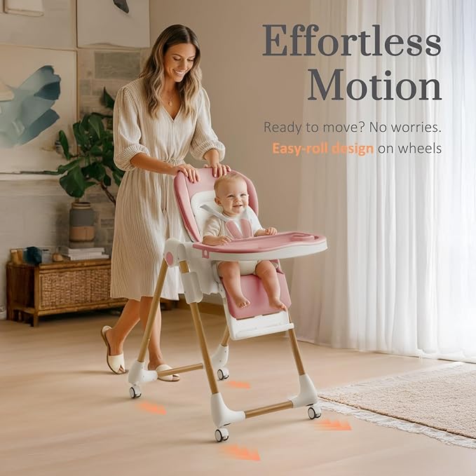 Mallify Foldable High Chairs for Babies and Toddlers, 3-in-1 Convertible Baby High Chair with Removable Soft Cushion and Tray, Adjustable Height & Recline, Lockable Wheels, Pink