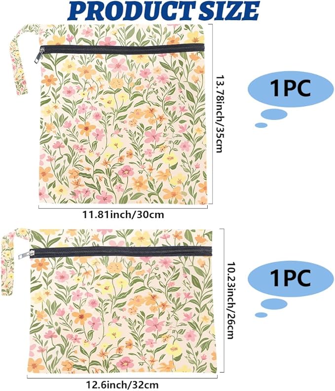 2Pcs 2 Sizes Floral Wet Bag Beach Wet Dry Bags Flower Pattern Polyester Waterproof Sandproof Reusable Storage Zipper Pouches for Friends Swimsuit Travel Dirty Diaper Clothes Birthday Gifts
