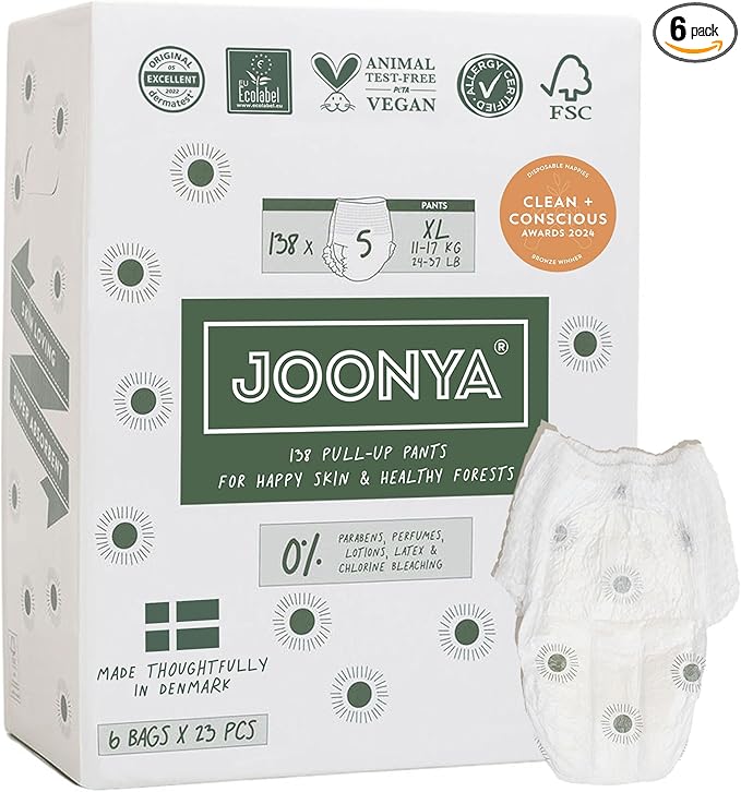 Joonya Pull-Up Pants Baby Diapers, Size 5 XL (24-37 lb) - 6 Bags of 23 (138) - Non Toxic, Eco-Friendly, High Absorbency, Overnight Use, Ultra Slim & Soft - Made in Denmark