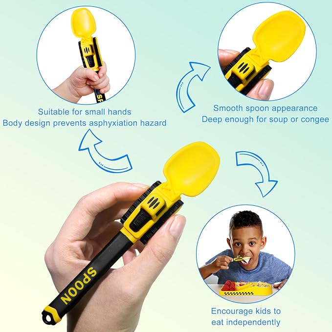 Deinyi Construction Toddler Utensils - Reusable Plastic Toddler Fork and Spoon & Storage Case - Suitable for Kids Utensils - Easter Gifts and Birthday Gifts for 1 2 3 4 5 6 7 year old, Yellow