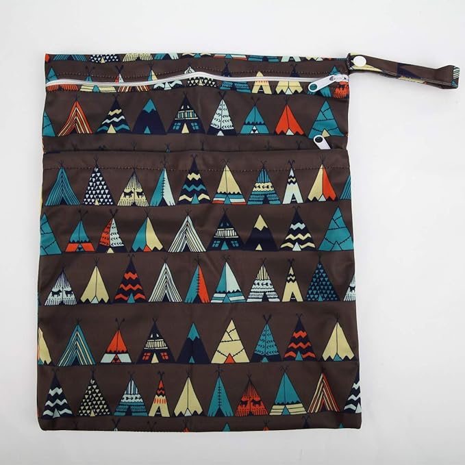 2 Wet Bags With Two Zippered Pockets Reusable Diaper Nappy Waterproof (3D Deer and Teepee)