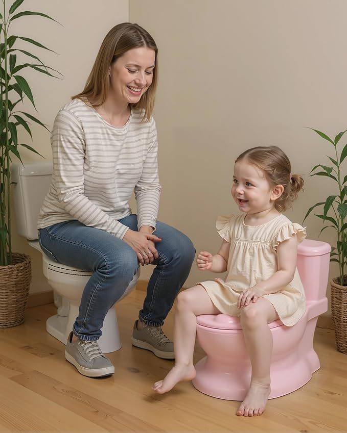 Realistic Potty Training Toilet - Flushing Sounds, Wipes Storage, Disposable Liners, Easy to Clean for Toddler Boys and Girls (Pink)