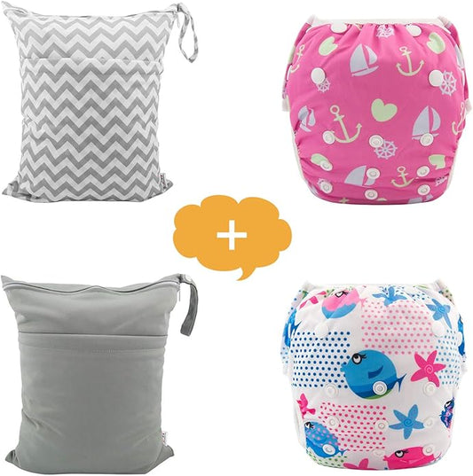 ALVABABY 2pcs Swim Diapers and 2pcs Cloth Diaper Wet Dry Bags