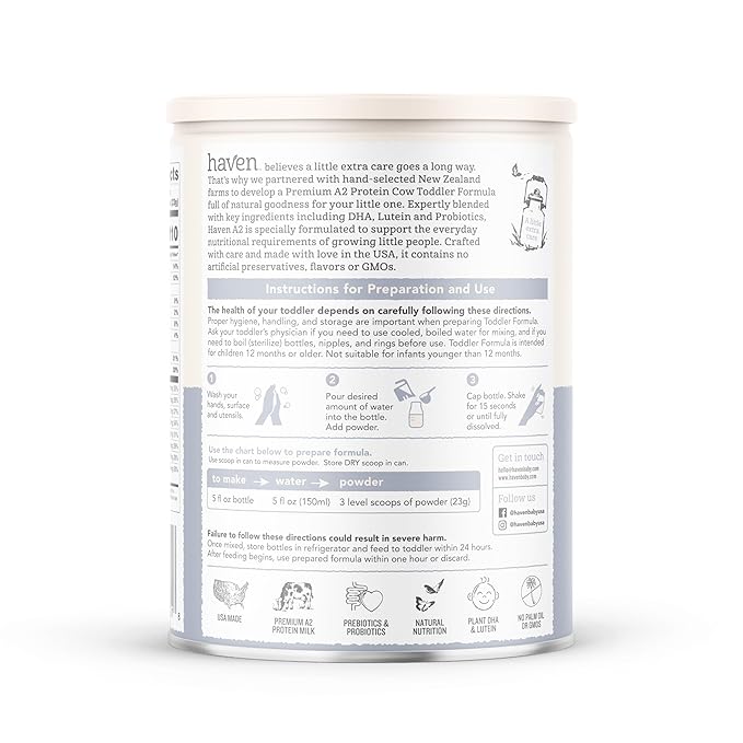Haven A2 Cow Toddler Formula, Grass Fed Cow Milk Powder for Toddlers With Protein Probiotics, Prebiotics, Lutein and Omega 3 Dha, Easy Digestion Formula, Non GMO, American Made, 14.1 Oz (6 Pack)