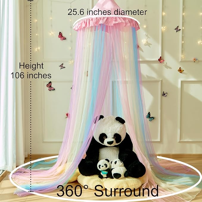 Pink Rainbow Bed Canopy Twin Size Breathable Canopy Bed Curtain for Bed,Princess Play Tent for Girls Bedroom Decoration Reading Nook