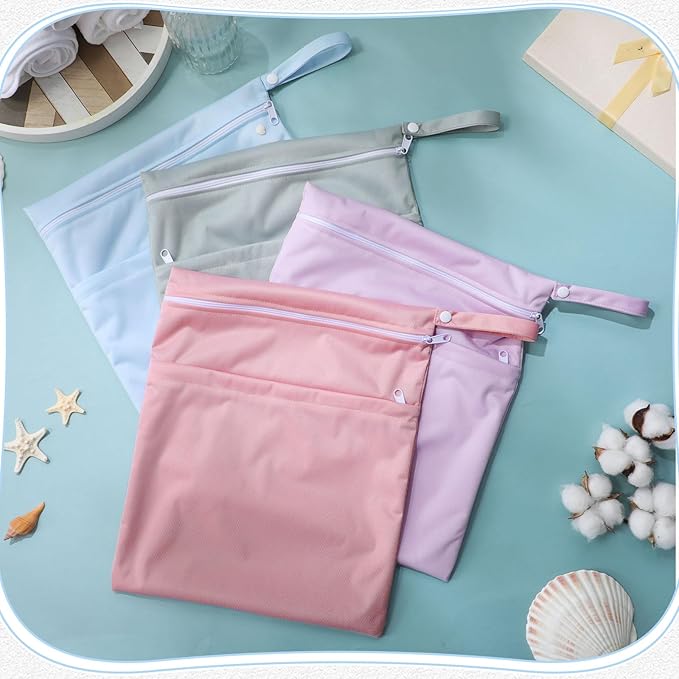 SATINIOR 4 Pack Wet Dry Bags for Baby Cloth Diapers 12x14 Washable Travel Swimsuit Wet Bags Reusable with Two Zippered Pockets for Yoga Gym Swimsuits Travel Beach Pool Soiled Items(Morandi Color)