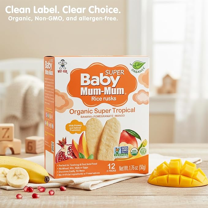 Baby Mum-Mum Organic Gentle Teething Crackers, Super Tropical | 24 Count (Pack of 6) | Gluten Free, Allergen Free, Non-GMO | Baby Snacks, Teether Relief Rice Rusk Cookies for Babies