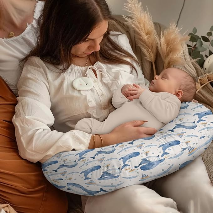 Watercolor Ocean Whale Pattern Nursing Pillow Cover, Unisex Sea Animals Sailboats Removable Breastfeeding Pillowcase Slipcover for Baby Girls Boys Newborns Toddlers, Cover Only