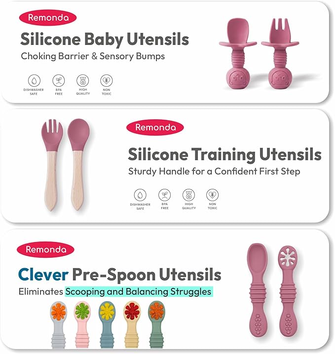 Remonda 17-Piece BPA-Free Baby Silicone Feeding Set | Extra Large Suction Plates, Toddler Bowls, Self Feeding Spoons, and More | Dishwasher Safe| Infant Led Weaning Supplies (Red）A