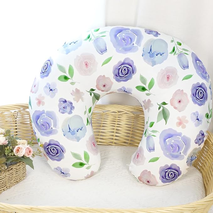 TANOFAR Nursing Pillow Cover, Stretchy Removable Breastfeeding Pillow Cover, Ultra Soft Snug Fits On Newborn Feeding Pillow Case for Baby Girls/Boys, Purple Flower