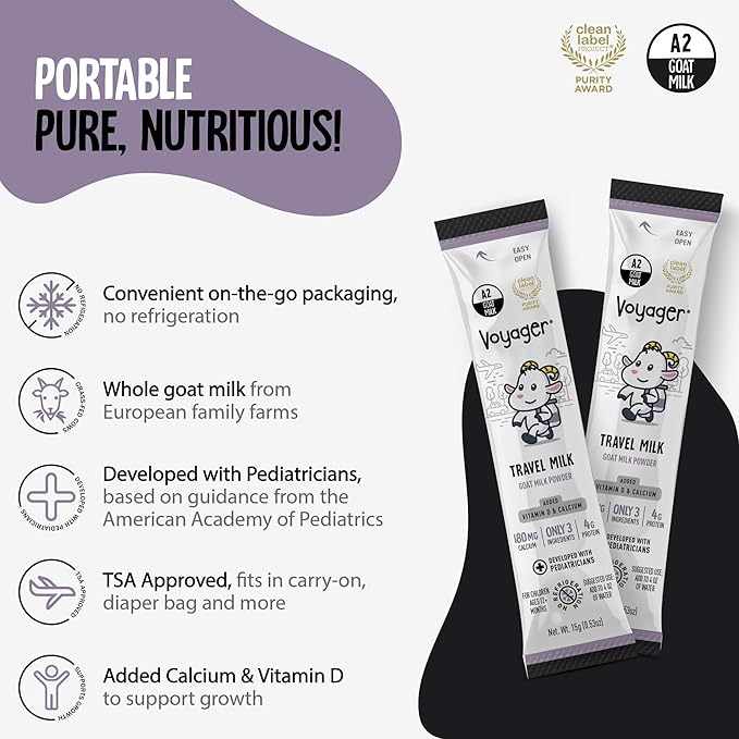 Voyager Travel Goat Milk Powder for Toddlers, Kids, Adults - On-The-Go, Easy to Digest, Whole Powdered Goat Milk with No GMO’s, No Antibiotics, No Refrigeration, 45 Sachets of 15g - 3 Pack