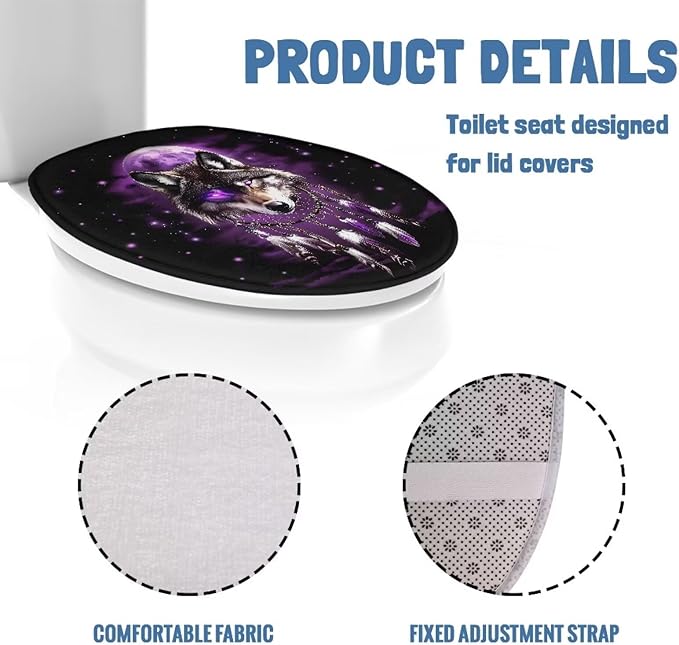Wolf Dreamcatcher Toilet Seat Covers for Bathroom Decoration Soft Flannel Fabric Soft and Breathable Toilet Lid Cover Flannel Fabric Universal for Most Toilet Bowl Lids