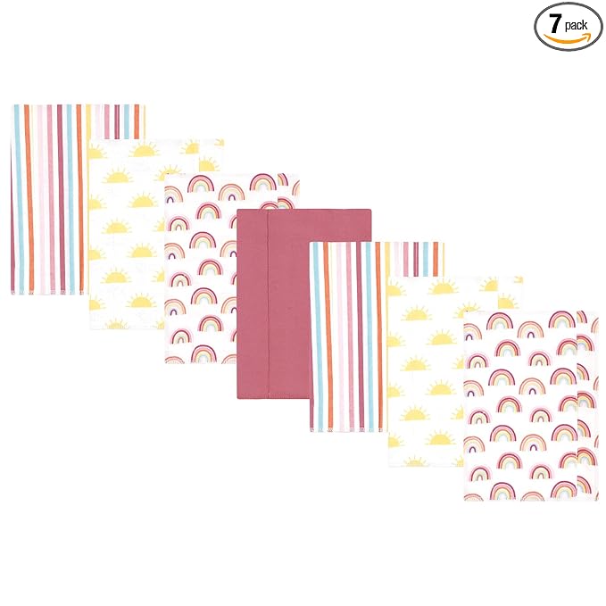 Hudson Baby Unisex Baby Cotton Flannel Burp Cloths 7-Pack, Sunshine and Rainbows, One Size