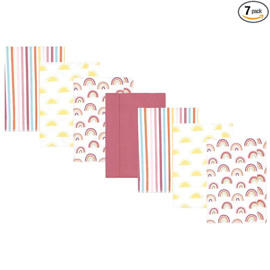 Hudson Baby Unisex Baby Cotton Flannel Burp Cloths 7-Pack, Sunshine and Rainbows, One Size
